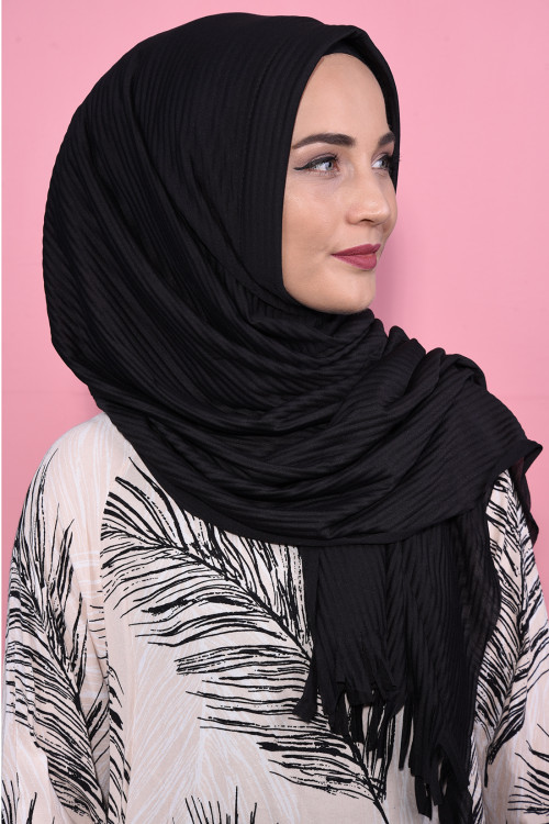 Pliseli Hijab Şal Siyah 