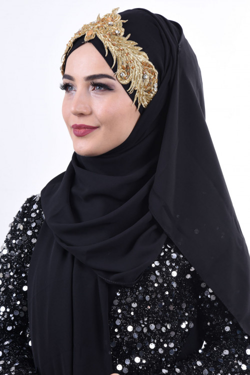 Jewel Crown Taşlı Şal Siyah Gold Jewel Crown Taşlı Şal Siyah Gold
