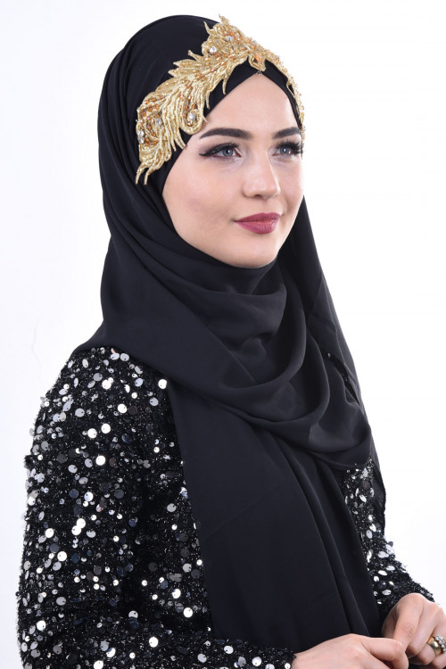 Jewel Crown Taşlı Şal Siyah Gold Jewel Crown Taşlı Şal Siyah Gold