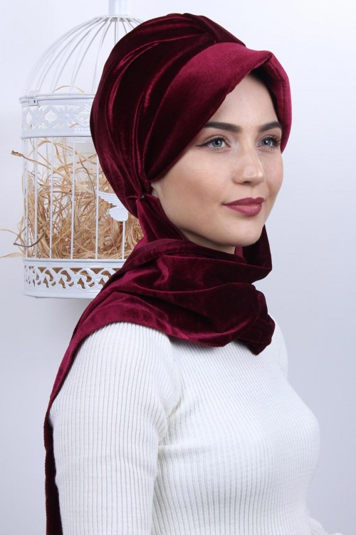 Kadife Şallı Şapka Bone Bordo Kadife Şallı Şapka Bone Bordo