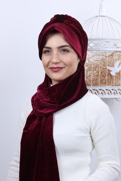 Kadife Şallı Şapka Bone Bordo Kadife Şallı Şapka Bone Bordo