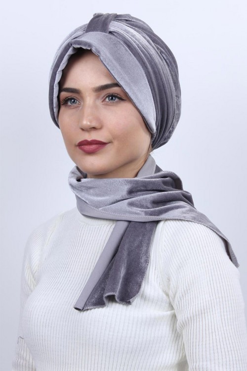 Kadife Şallı Şapka Bone Gri Kadife Şallı Şapka Bone Gri
