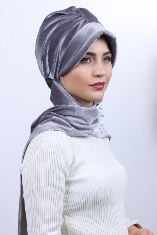 Kadife Şallı Şapka Bone Gri Kadife Şallı Şapka Bone Gri
