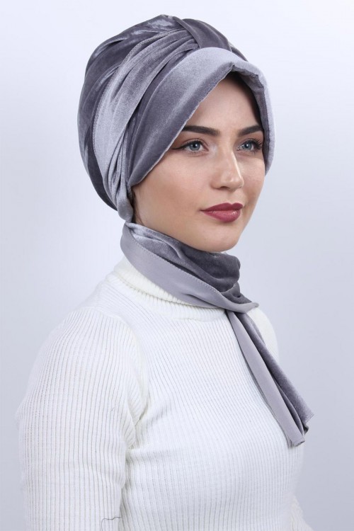 Kadife Şallı Şapka Bone Gri Kadife Şallı Şapka Bone Gri