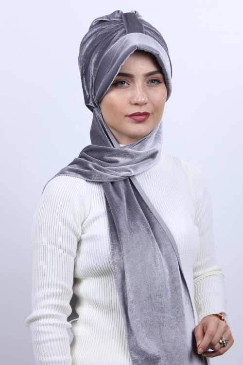 Kadife Şallı Şapka Bone Gri Kadife Şallı Şapka Bone Gri