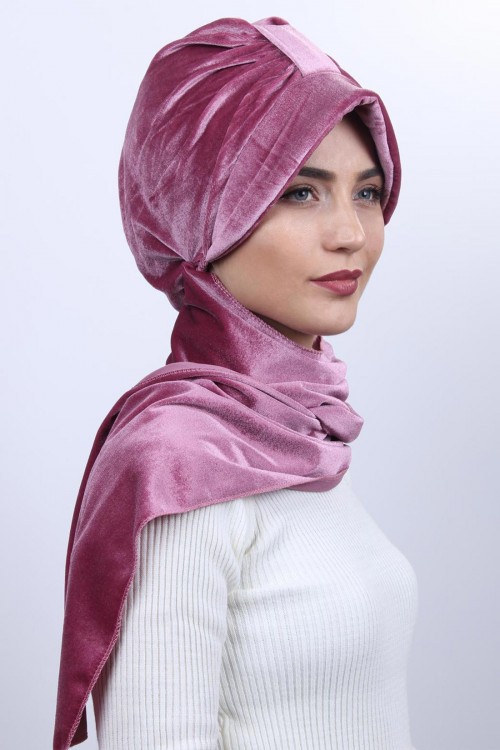 Kadife Şallı Şapka Bone Gül Kurusu Kadife Şallı Şapka Bone Gül Kurusu