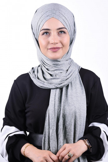 Penye 3 Bantlı Hazır Tesettür Şal Gri Melanj
