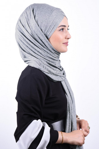 Penye 3 Bantlı Hazır Tesettür Şal Gri Melanj