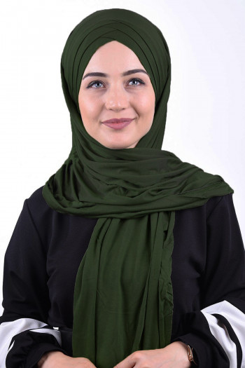 Tesettür Penye 3 Bantlı Bağlamalı Şal Haki Yeşili 