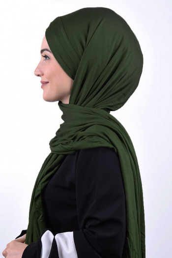 Tesettür Penye 3 Bantlı Bağlamalı Şal Haki Yeşili 