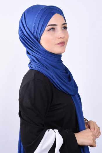 Penye 3 Bantlı Şal Saks Mavisi