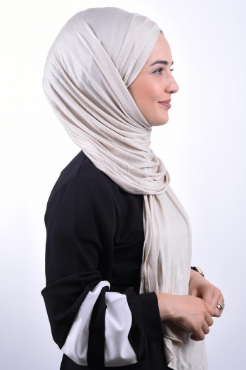 Penye 3 Bantlı Tesettür Bağlamalı Şal Bej