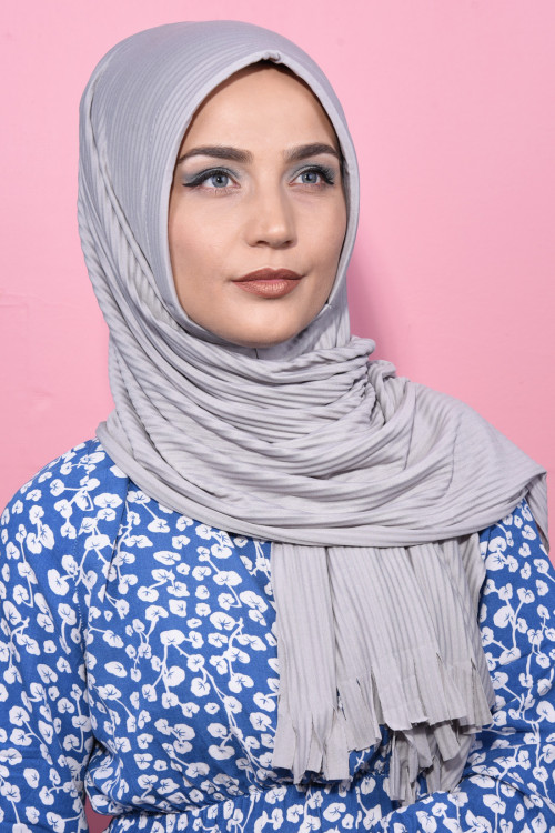 Pliseli Hijab Şal Gümüş Gri