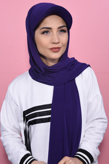 Boneli Hazır Tesettür Şapka Şal Mor