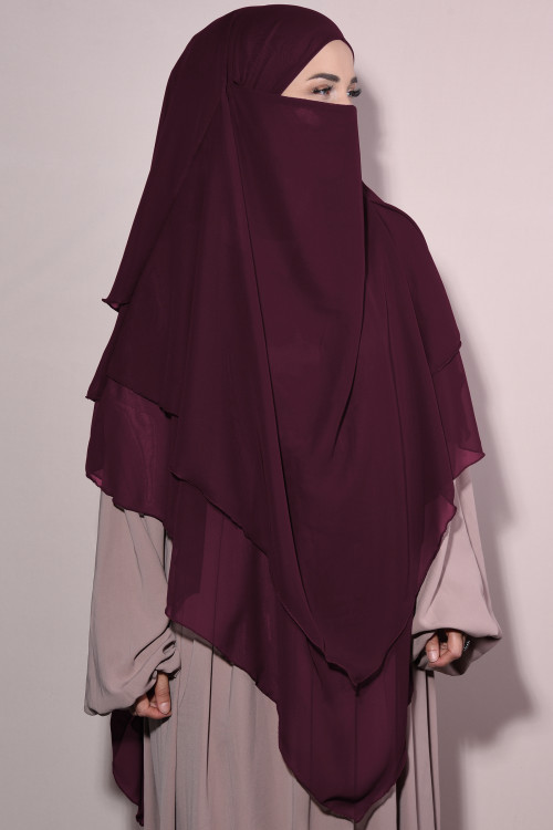 Sufle Khimar Peçeli Tesettür Şifon Şal Bordo