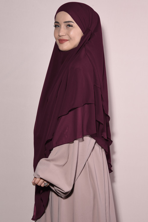 Sufle Khimar Peçeli Tesettür Şifon Şal Bordo