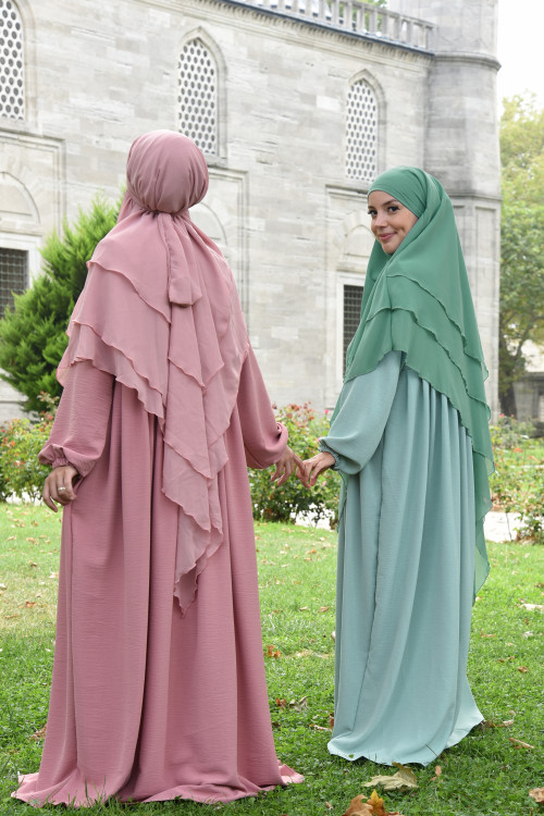 Peçeli Üç Katlı Şifon Sufle Khimar Çağla Yeşili