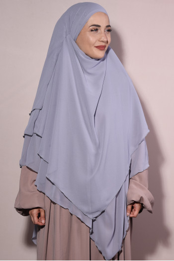 Sufle Khimar Şifon Peçeli Üç Katlı Gri