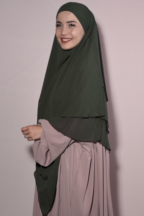 Peçeli Şifon Sufle Khimar Hazır Üç Katlı Haki Yeşili