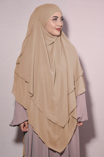 Hazır Peçeli Sufle Khimar Üç Katlı Şifon Karamel