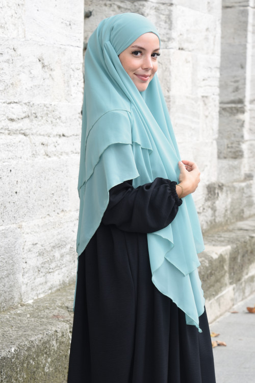 Peçeli Hazır Şifon Sufle Khimar Mint Yeşili