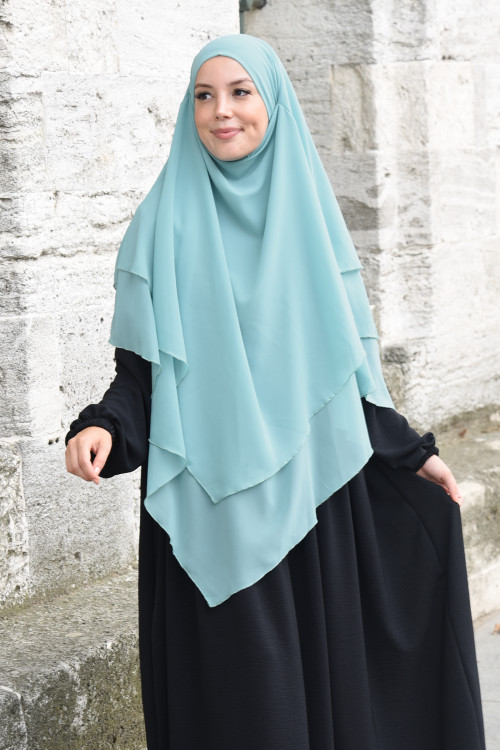 Peçeli Hazır Şifon Sufle Khimar Mint Yeşili