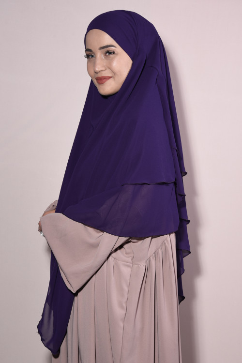Peçeli Hazır Üç Katlı Şifon Sufle Khimar Mor