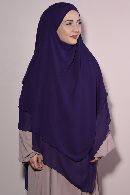 Peçeli Hazır Üç Katlı Şifon Sufle Khimar Mor