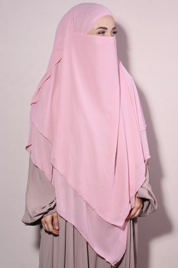 Hazır Üç Katlı Peçeli Şifon Sufle Khimar Pudra Pembesi