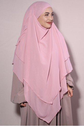 Hazır Üç Katlı Peçeli Şifon Sufle Khimar Pudra Pembesi