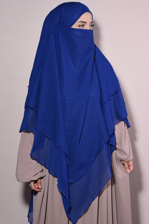 Şifon Sufle Khimar Hazır Peçeli Tesettür Saks Mavisi Şifon Sufle Khimar Hazır Peçeli Tesettür Saks Mavisi