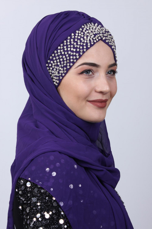 Taşlı Boneli Tasarım Şal Mor Taşlı Boneli Tasarım Şal Mor