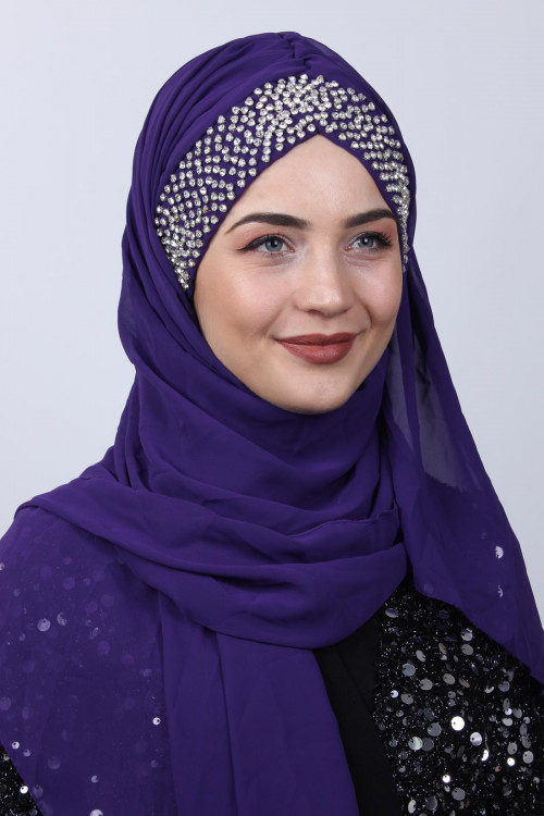 Taşlı Boneli Tasarım Şal Mor Taşlı Boneli Tasarım Şal Mor