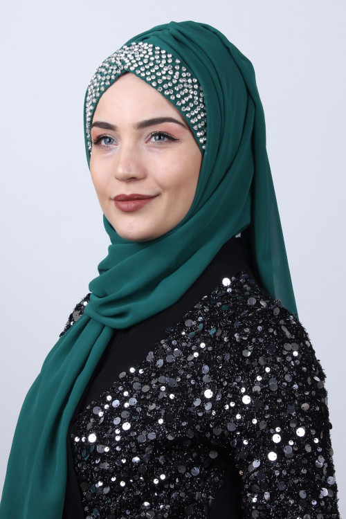 Taşlı Boneli Tasarım Şal Zümrüt Yeşili Taşlı Boneli Tasarım Şal Zümrüt Yeşili