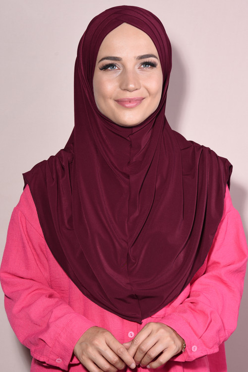 Hazır 3 Bantlı Tesettür Pileli Hijab Bordo