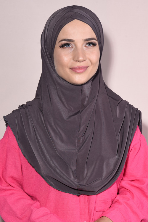 3 Bantlı Hazır Tesettür Pileli Hijab Füme