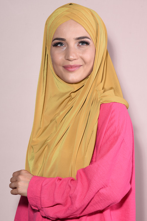 Boneli Hazır 3 Bantlı Pileli Hijab Hardal Sarısı Boneli Hazır 3 Bantlı Pileli Hijab Hardal Sarısı
