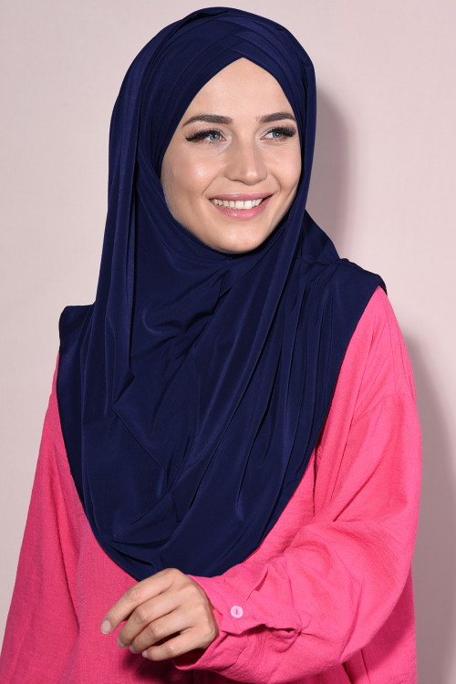 Boneli Hazır 3 Bantlı Pileli Hijab Lacivert
