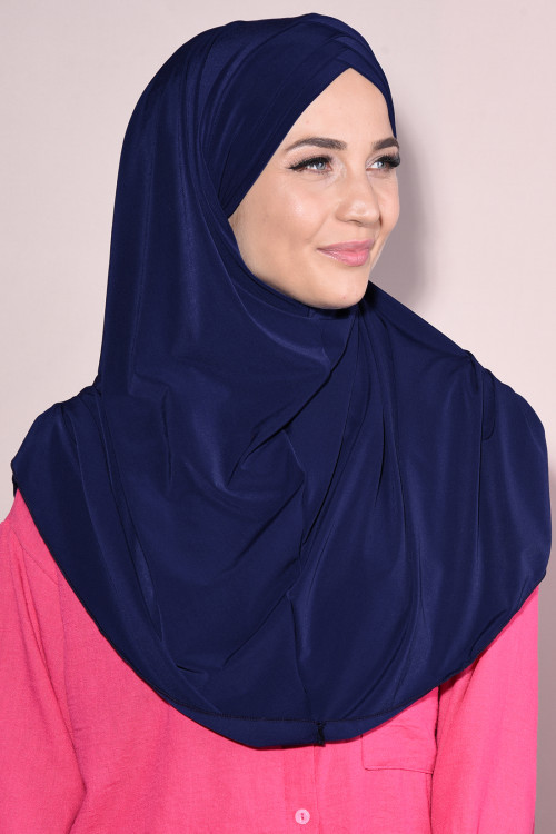 Boneli Hazır 3 Bantlı Pileli Hijab Lacivert