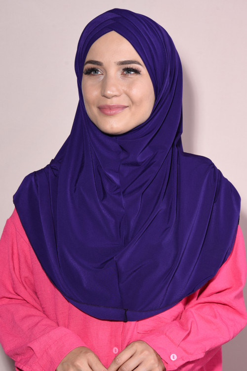 Boneli Hazır 3 Bantlı Pileli Hijab Mor