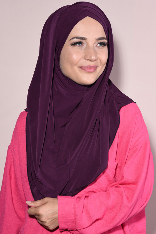 Boneli Hazır 3 Bantlı Pileli Hijab Mürdüm Boneli Hazır 3 Bantlı Pileli Hijab Mürdüm