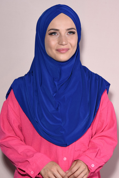3 Bantlı Hazır Tesettür Pileli Hijab Saks Mavisi