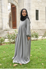 Tesettür Elbise / Ferace Pileli Standart Beden Gri 