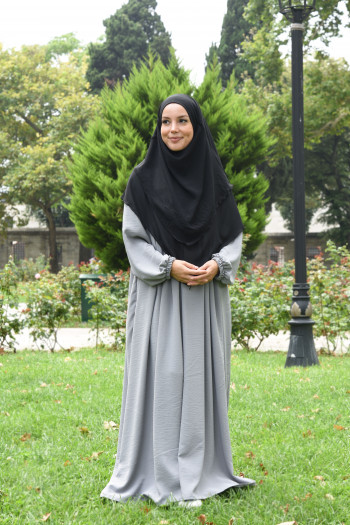 Tesettür Elbise / Ferace Pileli Standart Beden Gri 