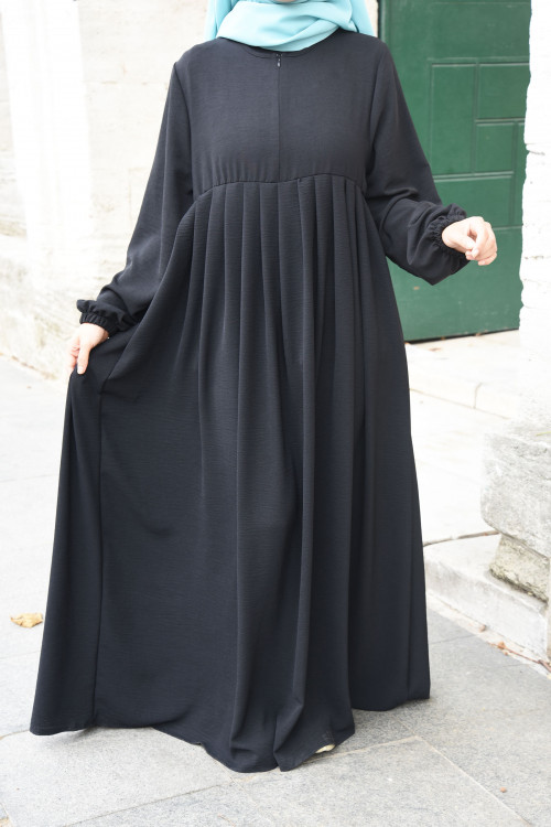 Tesettür Elbise / Ferace Pileli Kloş Model Siyah