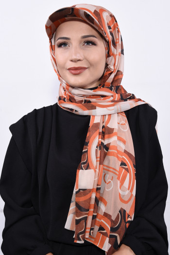 Şapkalı Desenli Şal Portakal 