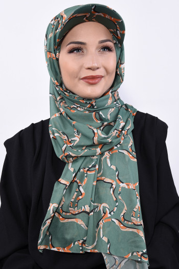 Şapkalı Desenli Şal Yeşil